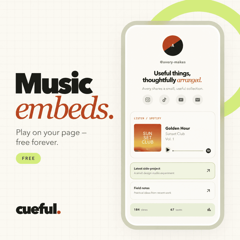 Cueful Spotify music embed playing on a mobile profile