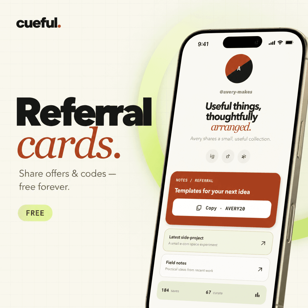 Cueful referral card with a one-tap copy code on a mobile profile