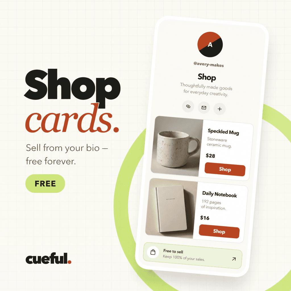 Cueful shop cards with product images, prices, and buy buttons