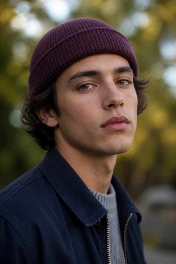 Creator outdoors in a purple beanie