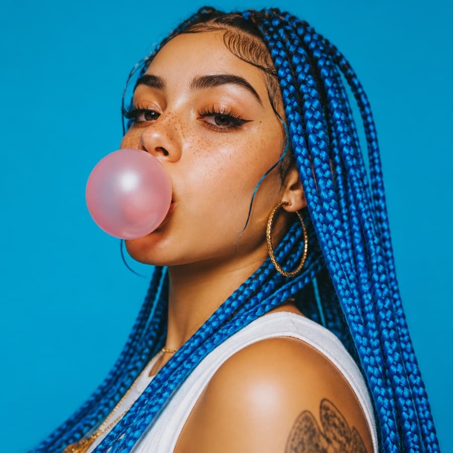 Creator with blue braids blowing bubblegum